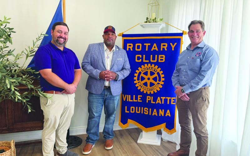 MEMBERS HEAR UPDATE FROM VP MAYOR - Ville Platte Mayor Ryan LeDay Williams gave an update on city projects during the June 9, meeting of the Ville Platte Rotary Club. He is shown with Rotary President Beau Wilson (left) and Rotarian and City Clerk-Treasurer Donald Bergeron (right). (Gazette photo by Heather Bogard)