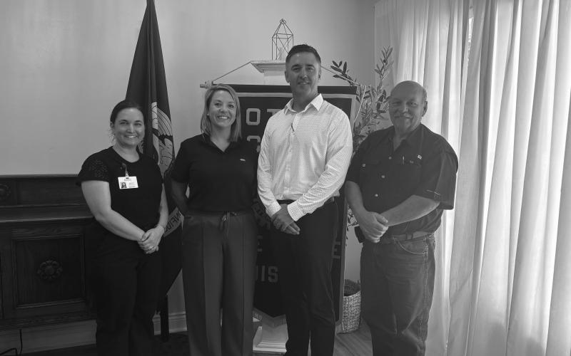 MELANCON DISCUSSES HOSPICE CARE - Brandon Melancon, COO of Alliegiance Health Management, addressed the June 17, meeting of the Ville Platte Rotary Club. Shown, from left, are Ashlyn Ortego, marketing director with Mercy Regional Medical Center; Ashley Fontenot, CEO of Mercy Regional Medical Center; Melancon; and Rotary President Bob Manuel (right). (Gazette photo by Heather Bogard)