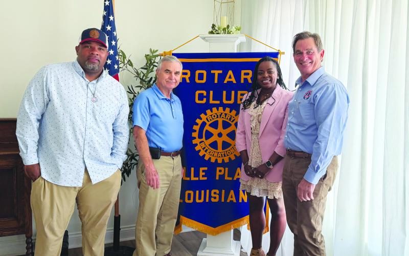 IMPACT OF ECONOMIC DEVELOPMENT ON RURAL COMMUNITIES DISCUSSED - From left, are Ville Platte Mayor and Rotarian Ryan LeDay Williams, Rotary President Dr. Kirk Soileau, guest speaker Dr. Leah A. Carter, and Ville Platte City Clerk/Treasurer and Rotarian Donald Bergeron during the June 30, meeting of the Ville Platte Rotary Club. (Gazette photo by Heather Bogard)