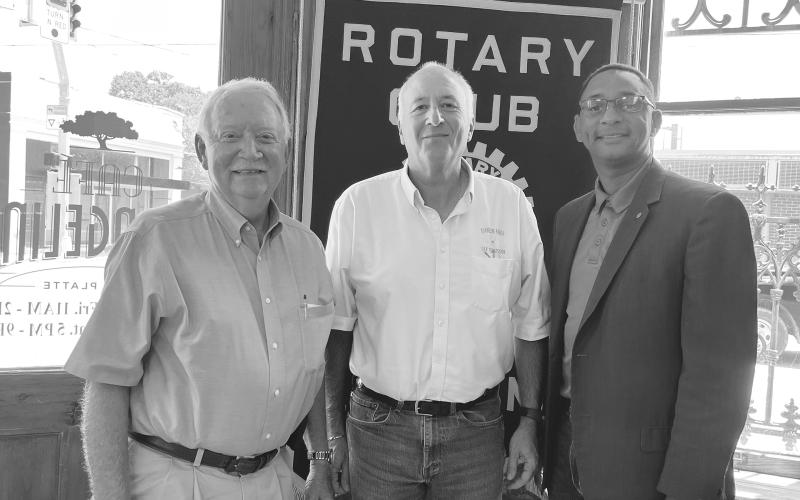 MOREIN GIVE UPDATE ON TAX COMMISSION - Marty Morein with the Evangeline Parish Tax Commission (center) gave an update during the July 18, meeting of the Ville Platte Rotary Club. He is shown with Rotarian Brent Coreil (left) and Rotary President Brian Ardoin (right). (Gazette photo by Heather Bogard)