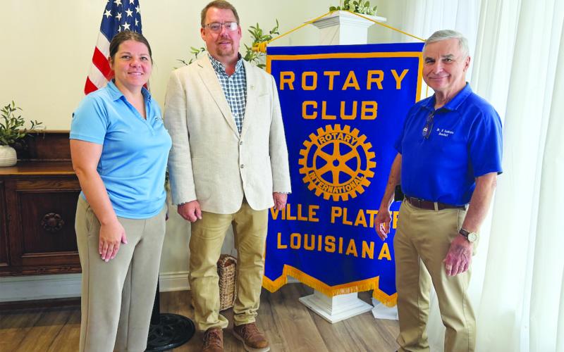 ADDICTION RECOVERY MINISTRY MISSION SHARED - During the August 4, meeting of the Ville Platte Rotary Club, Rev. Daniel Holsomback (center) was the guest of Rotarian Kristi Enicke (left). They are shown with Rotary President Dr. Kirk Soileau (right). (Gazette photo by Heather Bogard)