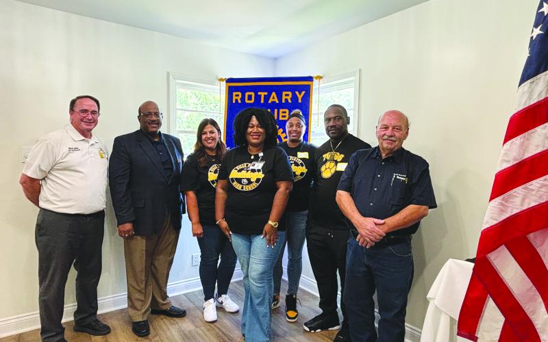 Evangeline Parish School Board Superintendent Darwan Lazard introduced the new administrative team at Ville Platte High School for the 2024-2025 school year during the Rotary Club on August 6. Shown, from left, are Assistant Superintendent Mike Lombas Lazard, Assistant Principal Carmen Faul, Principal Shelsy Williams, administrative assistants Jamell White, Administrative Assistant and Coach Christopher Bland and Rotary President Bob Manuel. (Gazette photo by Heather Bogard)