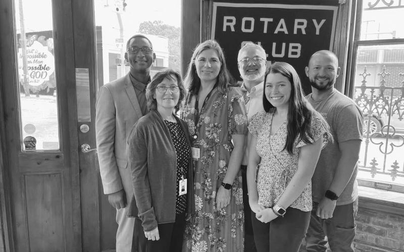 LAFLEUR DISCUSSES BEYOND THE HORIZON - Justin LaFleur, Director with Beyond the Horizon in Mamou, was the guest speaker for the August 8, meeting of the Ville Platte Rotary Club. Shown, from left, are Rotary President Brian Ardoin, Annette Thibodeaux, Angela Fontenot, LaFleur, Gabbie Comeaux and Justin Coreil, all with Savoy Medical Center in Mamou. (Photo courtesy of Mark Layne)