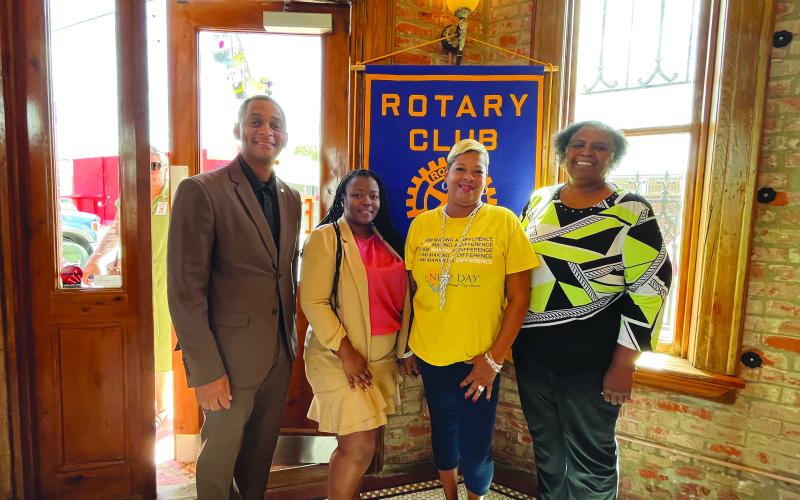 SERVICES DISCUSSED - During the August 22, meeting of the Ville Platte Rotary Club, Kishara Angelety and Natasha Leday with New Day Personal Care Services discussed their business and the care they provide to senior citizens and others in the community. Shown, from left, are Rotary President Bryan Ardoin, Angelety, Leday, and Rotarian Linda Fontenot. (Gazette photo by Heather Bogard)