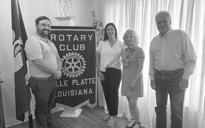 GUMBO GALS TALK POP-UP SHOPS - Shown, from left, are Rotary President Beau Wilson, Samantha LaHaye, Niki Beeson, and Rotarian Dr. William “Tojo” Ward. LaHaye and Beeson discussed their Gumbo Gals business and pop-up shops. (Gazette photo by Heather Bogard)