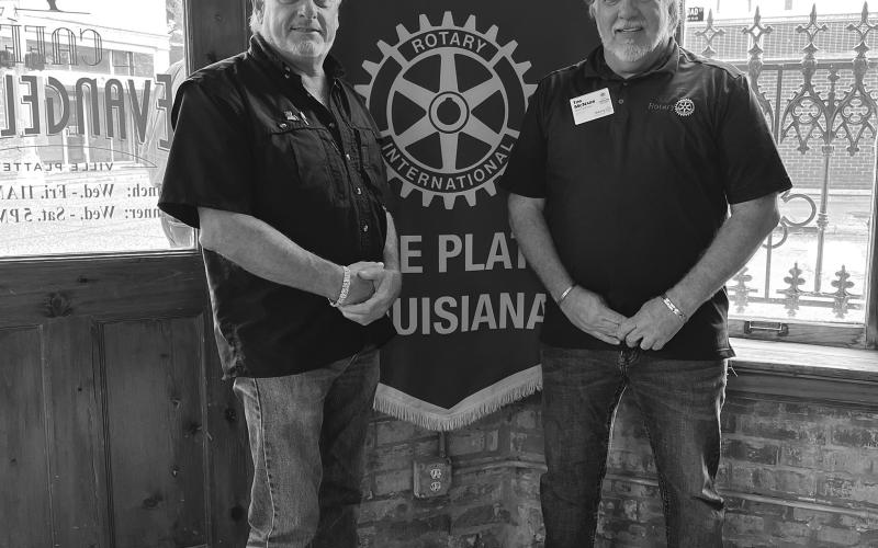VP MAYOR ADDRESSES ROTARY CLUB - Ville Platte Rotary President Larry Lachney (left) poses with Rotary District #6200 District Governor Timothy McNabb. (Gazette photo by Heather Bogard)