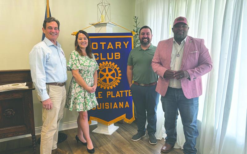GOUGE SHARES DEVELOPMENT PLANS - From left are City Clerk/Treasurer and Rotarian Donald Bergeron, guest speaker Ana-Alicia Gouge, Rotary President Beau Wilson and Ville Platte Mayor and Rotarian Ryan Leday Williams. (Gazette photo by Heather Bogard)