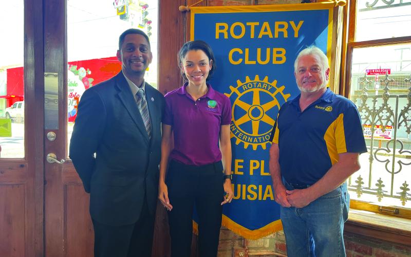 SENIOR CARE AVAILABLE - Adrian Allen, was the guest speaker during the October 11, meeting of the Ville Platte Rotary Club. She is shown with Rotarian Brian Ardoin, left, and Rotary President Larry Lachney, right. (Gazette photo by Heather Bogard)