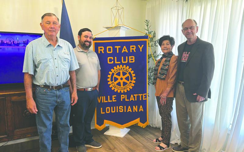 LE GRAND HOORAH HAPPENING SOON - From left are Rotarian Bill Brunet, Rotary President Beau Wilson, Margaret “Chicken” Aucoin and Gilbert “Winky” Aucoin at the October 14, meeting of the Ville Platte Rotary Club. The Aucoins gave an update on activities for Le Grand Hoorah taking place November 1-2, at Lakeview Park in Eunice. (Gazette photo by Heather Bogard)