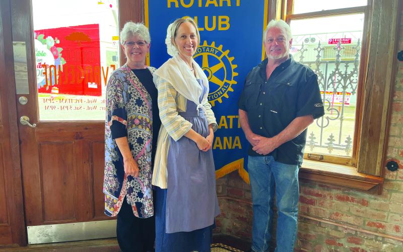 LIBRARY BOOK FEST UPDATE GIVEN - During the October 18, meeting of the Ville Platte Rotary Club. Dr. Elista Istre was the guest of Library Outreach Coordinator Suzy Lemoine and gave a brief synopsis of her Evangeline program presented at all branches of the library last week. She is shown with Lemoine, left, and Rotary President Larry Lachney, right. (Gazette photo by Heather Bogard)