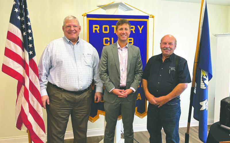 CHANGES TO TAXES DISCUSSED - LABI CEO Will Green (center) visited the November 12, meeting of the Ville Platte Rotary Club. He is shown with Rotarian Peter Strawitz (left) and Rotary President Bob Manuel (right). (Gazette photo by Heather Bogard)