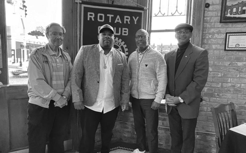 GUESTS WELCOMED - From left, KVPI General Manager Mark Layne, Mayor Ryan LeDay Williams and Pastor Reginald Arvie were the guest speakers for the November 14, meeting of the Ville Platte Rotary Club. They are shown with Ville Platte Rotary Club President Brian Ardoin (right).