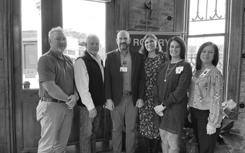 Shown, from left, are Danny LaHaye (Director of Hospital Operations - SMC), Rotary President Larry Lachney, Doucet, Fontenot (Director of Marketing and Business Development - SMC), Shelly Soileau (Chief Financial Officer - SMC) and Laurie Manuel (Chief Nursing Officer - SMC) (Gazette photo by Heather Bogard)