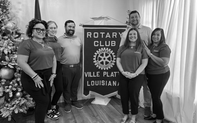 CREDIT UNION DISCUSSED - Rotarian Lainey Ardoin invited Chad Miller Southwest Louisiana Credit Union to address the November 25, meeting of the Ville Platte Rotary Club. Shown, from left, are Makeitta Citizen, Sam Lanham, Rotary President Beau Wilson, Lainey Ardoin, Chad Miller and Angie Bellow. (Gazette photo by Heather Bogard)