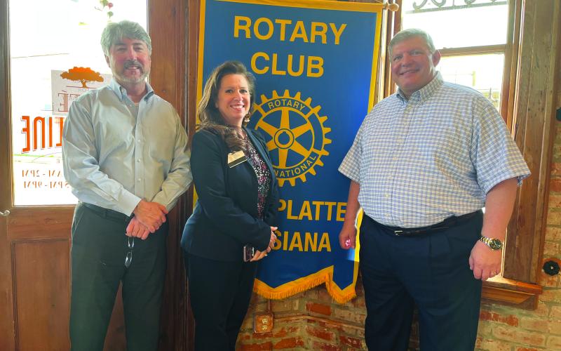 Rotarian Renee Brown (center) addressed her fellow club members during the Dcember 14, meeting of the Ville Platte Rotary Club. She is shown with Rotary President Jimmy LeBlanc, left, and Rotarian Peter Strawitz. (Gazette photo by Heather Bogard)