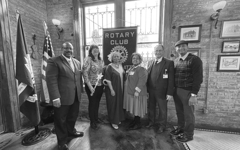 SUPPORT PERSONNEL OF THE YEAR - Shown, from left, are Darwan Lazard, EPSD Superintendent; Tonya Soileau, Pine Prairie High School; Grace Sibley, EPSD Teacher of the Year Coordinator; Sherral Tezeno, Middle School Supervisor; Mike Lombas, EPSD Assistant Superintendent; and Brian Ardoin, Ville Platte Rotary President.  (Gazette photos by Heather Bogard)
