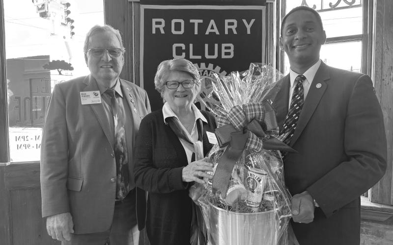 DISTRICT GOVERNOR VISITS - Shown, from left, are Rotary District 6200 Governor Ken Firmin; his wife, Judy Firmin; and Rotary President Brian Ardoin. (Gazette photo by Heather Bogard)