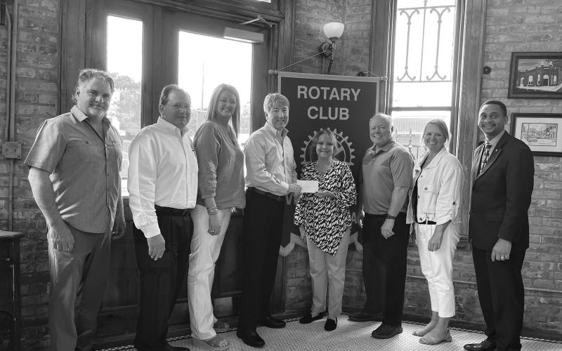 DONATION PRESENTED - The Ville Platte Rotary Club presented a $500 donation to the New Life Pregnancy Center in Mamou during the group’s May 24, meeting. Shown, from left, are Rotarians Eric Gil and Wayne Vidrine, Amy Miller with the New Life Pregnancy Center, Rotary President Jimmy LeBlanc, Connie Landreneau with the New Life Pregnancy Center, and Rotarians Dr. Hosea “Joey” Soileau, Nicole Wenger and Brian Ardoin. (Gazette photo by Heather Bogard)