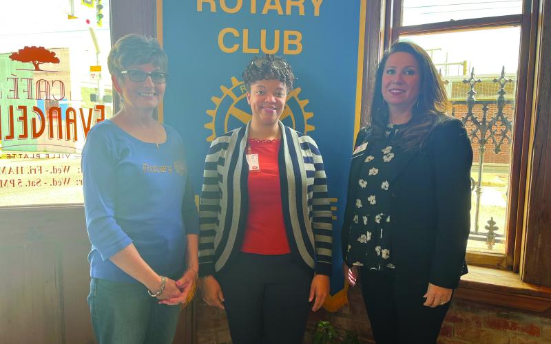 UPDATE ON CASA GIVEN - Rotary Secretary Renee Brown, right, welcomed Alisha Arvie with St. Landry/Evangeline CASA, center, to address the November 16, meeting of the Ville Platte Rotary Club. They are shown with Rotary board member Annette Johnson, left. (Gazette photo by Heather Bogard)
