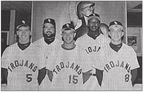 JUNE 4, 1992 - ALL-STATE - Four members of the Sacred Heart Trojan state champion baseball team, as well as head coach Scott Carter, were selected to the 2A All-State teams. Pictured are Danny Ardoin, front row from left to right, Daniel Dupre, and Todd Ardoin. Back row from left are head coach Scott Carter and Eric “Skeeter” Poullard. (Gazette photo by Jeff Guillory)