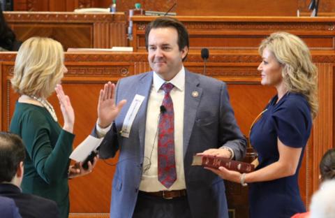 State Rep. Phillip DeVillier receives his oath of office as Louisiana Speaker of the House on Monday from House Clerk Michelle Fontenot, left, At right is DeVillier’s wife, Lisa. The DeVilliers are from Eunice and Fontenot is a native of Eunice. (LSN Photo by Harlan Kirgan)