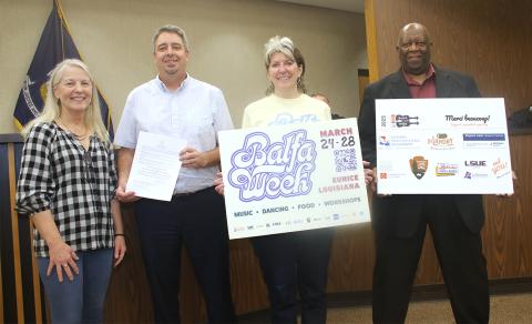 The 22nd annual Dewey Balfa Cajun and Creole Heritage Week will be held in Lakeview Park and Beach in March. The week was announced at the Eunice city council meeting on Tuesday with a proclamation.  From left, are Jeane Solis, executive director of Louisiana Folk Roots; Mayor Scott Fontenot; Jean Johnson, Louisiana Folk Roots Board member; and Herb Wiltz, Louisiana Folk Roots Board member. (LSN photo by Harlan Kirgan)