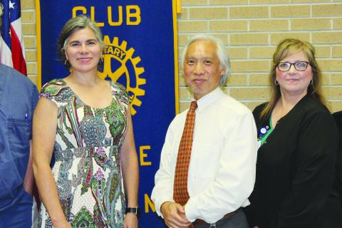 Rotary Club of Eunice speakers Wednesday, June 25, and guest of Elizabeth Bergeron a Rotorian, were Angela Fontenot, director of marketing at Savoy Cancer Center, Dr. Paul Zhang and Connie Brignac, RN, Oncology manager. (LSN photo by Myra Miller)