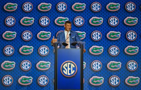 New head football coach of the Florida Gators Jon Sumrall is one of three coaches in the SEC who came over from jobs in the Athletic Conference. He is pictured as he speaks during SEC Media Days in Tampa, Fla. (Photo courtesy of Dave Wilson)