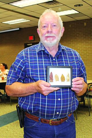 David Guillory was the guest speaker Wednesday, August 20, at the Eunice Rotary Club meeting. Guillory is an avid collector of arrowheads and artifacts. He has about 850 arrowheads collection. Guillory is holding up a Coral Wacissa arrowhead from Florida. Guillory was the guest of Rotarian David Clause. (LSN photo by Myra Miller)