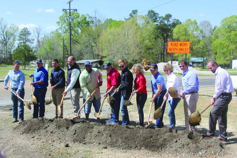 Among those pictured at the groundbreaking ceremony for U.S. Hwy 167 are Evangeline Parish Police Jurors Keith Saucier, Ryan “LeDay” Williams, and Eric Soileau, Turkey Creek Mayor Phillip Cavins, State Senator Heather Cloud, Turkey Creek Councilman Neal King, State Representative Rhonda Butler, and Police Jury Secretary-Treasuer Donald Bergeron. (Gazette photo by Tony Marks)