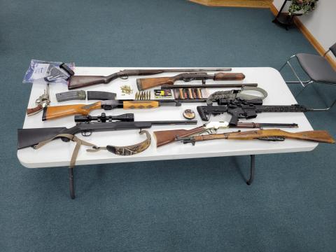 Pictured are firearms and other items that were seized following an arrest by the Pine Prairie Police Department. (Photo courtesy of Pine Prairie Police Department)