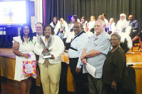 (L-R) Shelsy Williams, principal of VPHS; Mike Lombas, assistant superintendent; Rhonda Thomas, high school teacher of the year; Darwan Lazard, superintendent; Bobby Hamlin, EPSB president; Sheila Joseph, EPSB vice president.