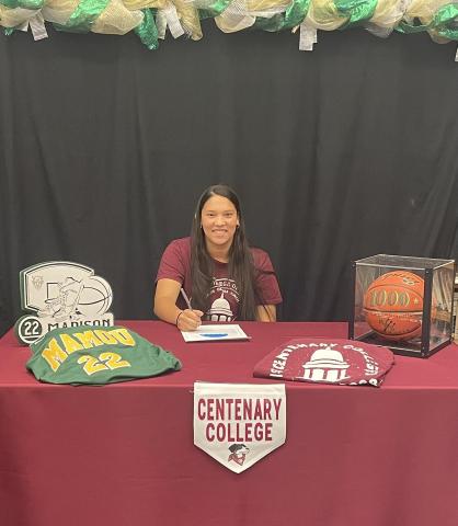 Madison Fontenot, of Mamou High School, is pictured as she signs to play college basketball at Centenary College. (Photo courtesy of Mamou High School)