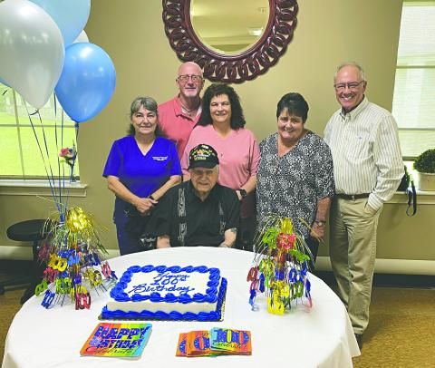 100TH BIRTHDAY CELEBRATED - Heritage Manor resident Albert Catyb celebrated his 100th birthday with a celebration on Monday, June 9. Catyb (seated) is shown with, from left, Activity Director Patricia Duplechin, son-on-law Chris Briley, daughter Gina Briley, Mable Foreman, and Clerk of Court Randy Deshotel. (Photos courtesy of Misty Parker)