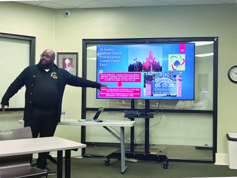 Alex Lee is pictured as he presents his research that outlines the family ties of Pope Leo XIV to the Southwest Louisiana area. Lee spoke at the January meeting of the Evangeline Genealogical and Historical Society. (Gazette photo by Tony Marks)