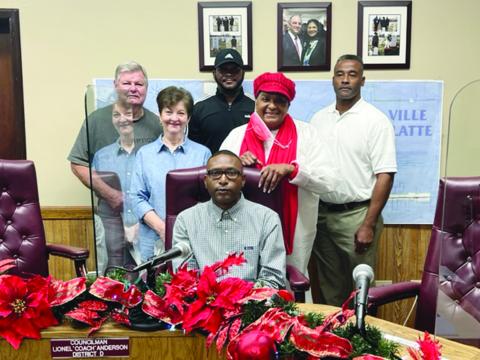 Pictured from left are: back row- Councilman Mike Perron, Councilman Bryant Riggs, and Councilman Jerry Joseph; middle row- Councilwoman Faye Lemoine and Mayor Jennifer Vidrine; seated is newly appointed Councilman Jordan Anderson. Not pictured is Councilman Donald Sam. (Gazette photo by Tony Marks)
