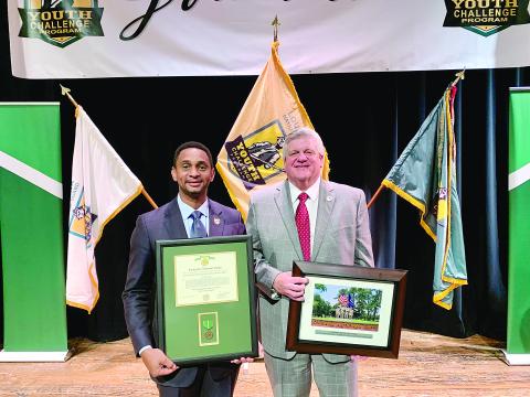 Brian Ardoin, community volunteer from Evangeline Parish, received the Louisiana Distinguished Civilian Service Medal on Saturday, May 28. He is pictured on the left with State Representative Lance Harris. (Gazette photo by Nancy Duplechain)