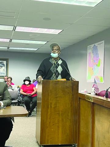 Arthur Sampson is pictured as he addresses the Evangeline Parish School Board during a public hearing held Tuesday, March 22, ahead of a special meeting to adopt a redistricting plan. (Gazette photo by Tony Marks)