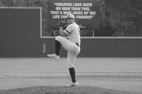 Sacred Heart starting pitcher Briggs Ardoin (6) makes his windup in a 92-pitch performance against Pine Prairie on Tuesday afternoon. (Gazette photo by Rhett Manuel)