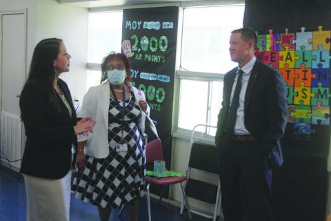 State Superintendent Dr. Cade Brumley (right) is pictured as he visits with James Stephens Principal Melanie Bordelon (left) and Middle School Supervisor Sherral Tezeno (center). (Gazette photo by Tony Marks)