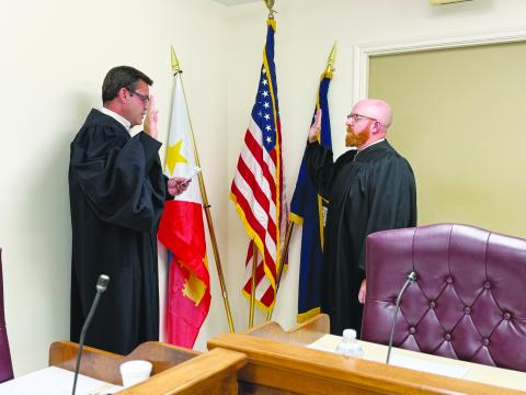 Attorney Chris Ludeau (right) was sworn in as the Magistrate for the Town of Mamou prior to the council meeting held Wednesday, September 9. He was sworn in by District Judge, 13th Judicial District, Division A Marcus Fontenot (left).