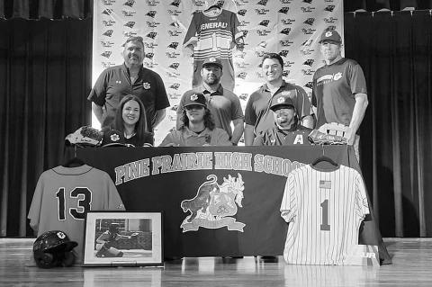 From left are: standing- Pine Prairie Assistant Coach Dylan Manuel, Pine Prairie Head Coach Colton Chaddrick, LSU-A Head Coach Kody Gautreaux, and Pine Prairie Coach Andy Carson; sitting- Crystal Ardoin, Colin Ardoin, and Mitch Ardoin. (Photo courtesy of Pine Prairie High School)
