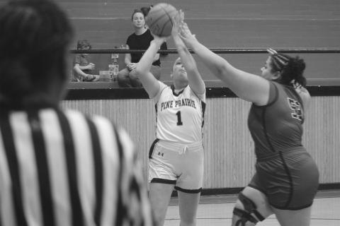 Kynnedi Ware (1) is pictured as she attempts a basket in Pine Prairie’s 73-53 win over DeRidder. Ware, in the game, tallied 40 points for the Lady Panthers. (Gazette photo by Tony Marks)