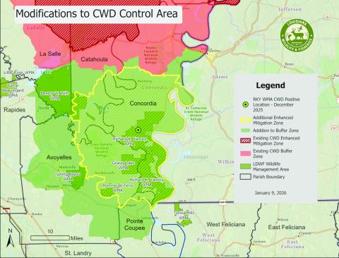 Map of the expansion to the CWD control area for 2026. (Louisiana Department of Wildlife and Fisheries)