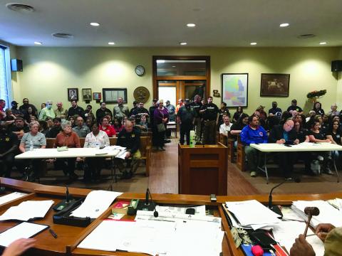 A standing room only crowd, consisting of employees from the Evangeline Parish Sheriff’s Office and the Evangeline Parish 911/ Office of Emergency Preparedness and other concerned members of the public, is pictured in the meeting room of the Evangeline Parish Police Jury. The jury met Monday, November 1, to discuss options for a new parish jail and set a public hearing on the issue for Tuesday, November 9, at 5:30 p.m. (Photo courtesy of Ryan “LeDay” Williams) 