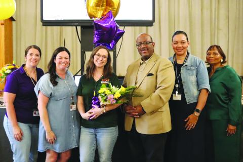 L-R: Kitty Thibodeaux, Vidrine Elementary Principal Candace Manuel, Elementary Teacher of the Year semi-finalist Lauren Thibodeaux, Superintendent Darwan Lazard, and Teacher of the Year Coordinators Katrina Ardoin and Grace Sibley. (Photo courtesy of Evangeline Parish School District)