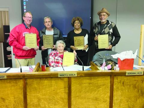 Standing from left are Scott Limoges, Arthur Savoy, Georgianna Wilson, and Ellis Guillory Sr.; sitting is Nancy Hamlin. Pictured in the inset photo is Peggy Forman. (Gazette photos by Tony Marks and courtesy of EPSB)