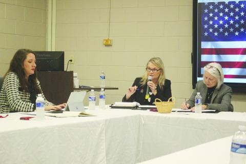 Newly elected president of the Evangeline Economic Development Authority, Opal Andrus, is pictured in the center as she presides over the inaugural meeting on Monday, December 16. Also pictured are newly elected secretary, Raquel Manuel on the left and Acting Secretary Dr. Gwen Fontenot on the right. (Gazette photo by Tony Marks)