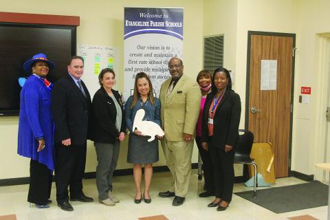 Ville Platte High School teacher Emee Aswell was named Louisiana Department of Education high school teacher of the year semifinalists. From left are Ville Platte Mayor Jennifer Vidrine, Assistant Superintendent Mike Lombas, Special Education Supervisor Kelli LaFleur, Aswell, Superintendent Darwan Lazard, Teacher of the Year Coordinator Grace Sibley, and VPHS Principal Chenile Tezeno. (Gazette photo by Tony Marks)