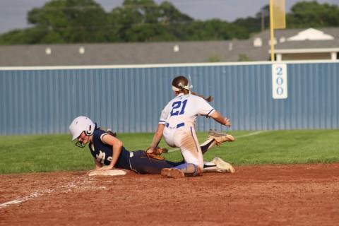 Sacred Heart’s Maci Droddy slides safely into third during Tuesday’s 5-2 win over St. Ed’s in District 5-1A play. (LSN photo by Rhett Manuel)